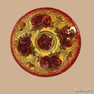 Antique Vintage 1920's  Red & Gold Roses Goofus Glass Plate/Platter 10 3/4"